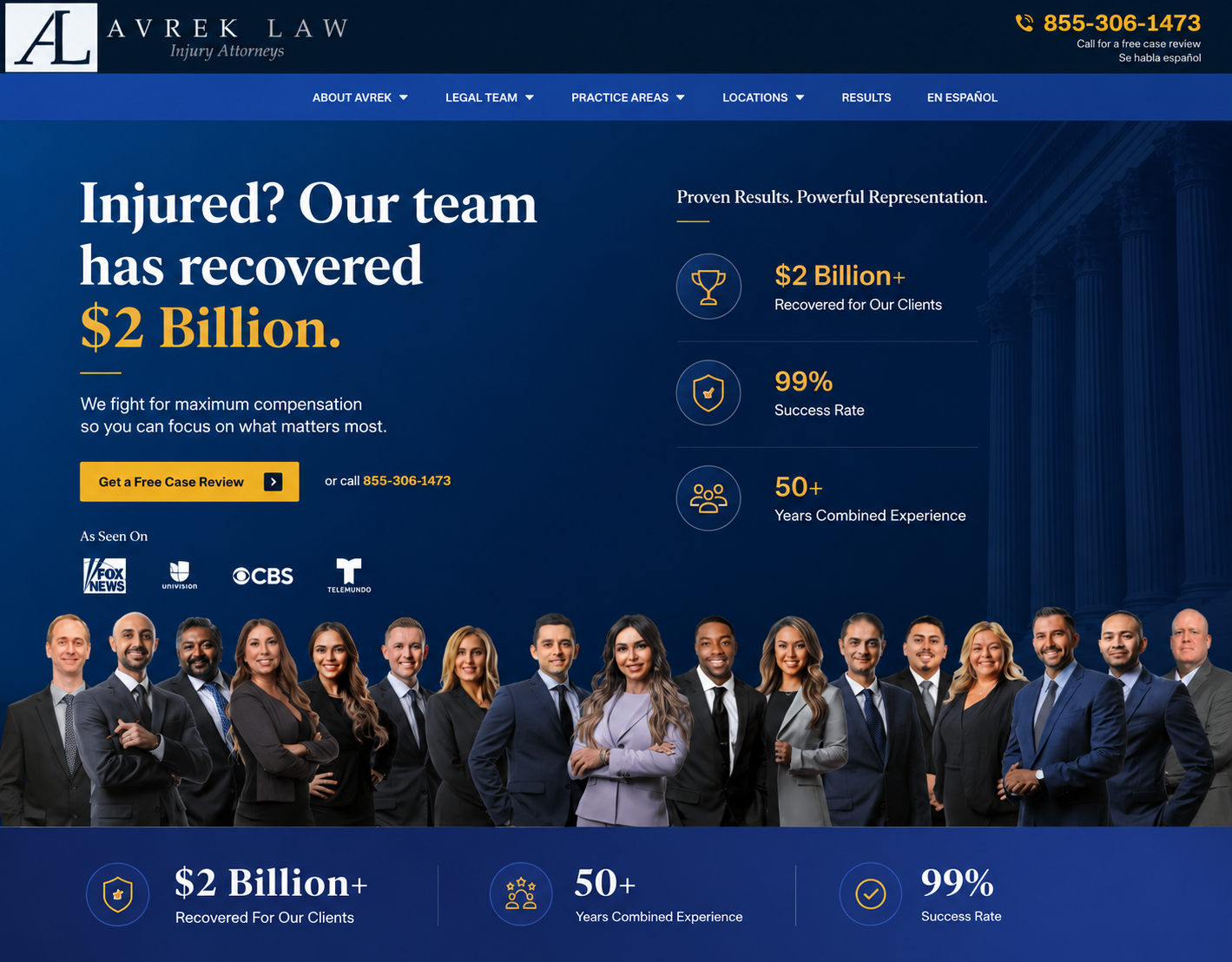 Avrek Law firm website screenshot showing practice areas and case qualifications
