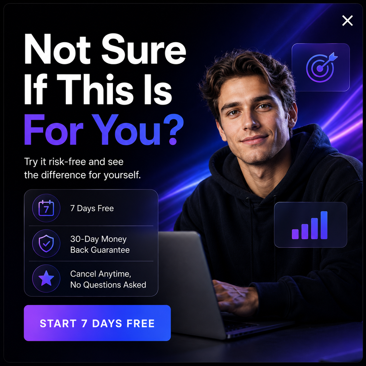 Microexperience: a risk reversal card offering a free trial, a money-back guarantee and cancel anytime