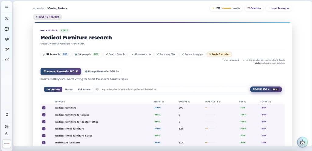 Pathmonk Content Factory research with separate SEO keyword and GEO prompt tabs