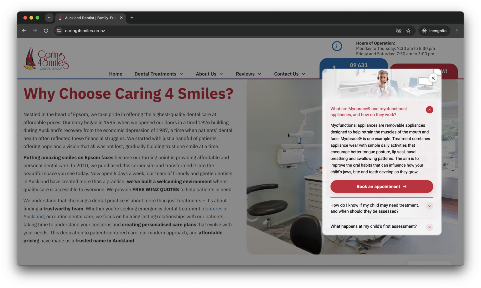 An FAQ microexperience on the Caring 4 Smiles website answering questions parents ask before booking